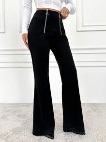 EURMUSE Ladies' Bell-bottom Trousers With Zipper Detail - Black - View 5