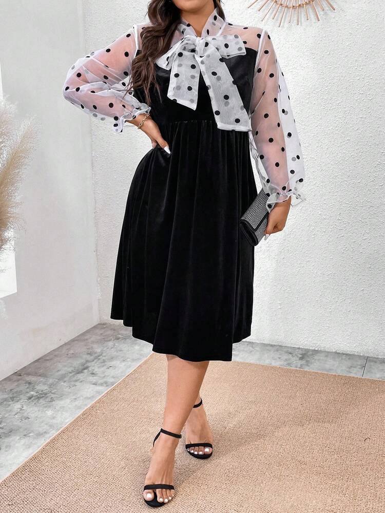 Plus Size Polka Dots Mesh Contrast Tie Neckline Dress