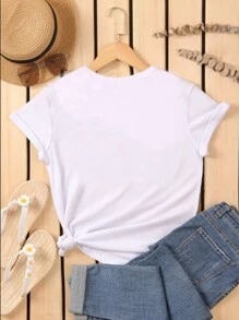 SHEIN Tween Girl Heart Shaped Letter Print Round Neck Short Sleeve T-Shirt - White - View 2