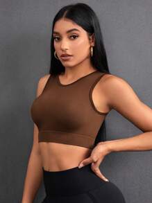 Easithlete Rib-Knit Short Sports Tank Top Gym Top Fitted Shirt - Brown - View 7