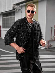 GENTILAND Men's Plus Size Casual Sequin Tassel Short Sleeve Shirt - Black - View 5