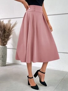 Gownix Falda Plisada Plegable Con Botones Sólidos Para Mujer - Rosa vieja - Ver 7