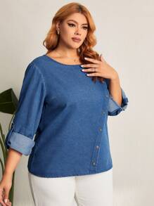 SHEIN LUNE 女士加大號卷袖牛仔上衣 - 深色水洗藍 - 查看 3