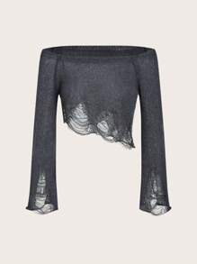 SHEIN ICON 女復古露肩毛衣,磨損底部和破爛細節 - 灰色 - 查看 2