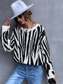 SHEIN LUNE 落肩圓領毛衣 - 黑與白 - 查看 6