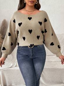 SHEIN Franclia 大尺碼女裝心形圖案蝙蝠袖毛衣 - 杏色 - 查看 1