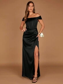 SHEIN Belle 女士露肩高开叉伴娘礼服，成人款，黑色优雅正式晚会舞会婚礼宾客礼服，适合毕业典礼、晚宴派对礼服 - 黑色 - 查看 7