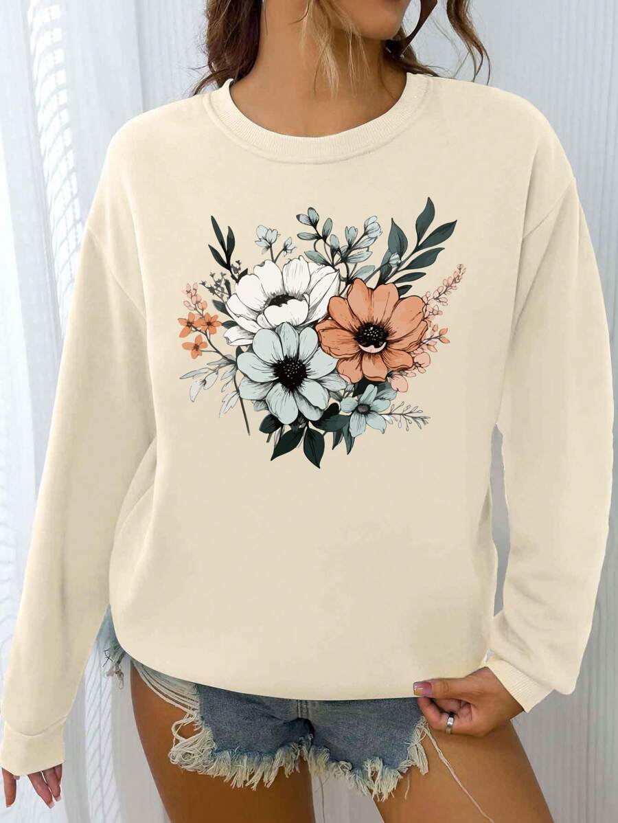 SHEIN LUNE 女款花卉印花落肩運動衫 - 杏色 - 查看 1