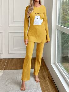 RueChic 2 件/套字母卡通刺繡長袖 T 恤和褲子家居服套裝 - 棕色 - 查看 5