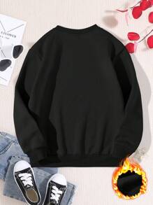 SHEIN Tween Girl 1pc Fashionable Interesting Heart & Letter Printed Fleece Pullover Sweatshirt With Round Neck