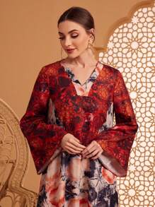 Al Najma Floral Print V-Neck Long Sleeve Dress