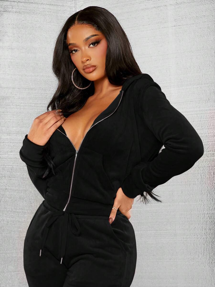 SHEIN SXY 女式运动休闲拉链羊毛衫、长袖上衣（秋冬） - 黑色 - 查看 1