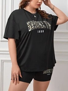 SHEIN EZwear Của phụ nữ Kích thước lớn In hoa Báo Lá thư In Áo thun Và Bộ quần short - màu đen - Xem 6