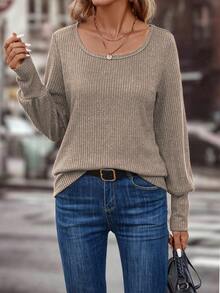 SHEIN LUNE Ribbed Knit Long Sleeve T-shirt - Khaki - View 6