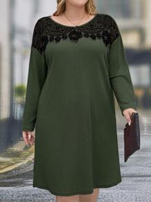 EMERY ROSE Plus Size Patchwork Lace Loose Casual Dress - Army Green - View 6