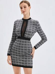 BizChic Vestido Feminino Xadrez Contraste com Tela - Preto e Branco - Visão 7