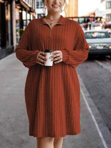 SHEIN CURVE+ Vestido De Mujer Con Hombros Caídos Y Solapa De Talla Grande - Óxido marrón - Ver 5