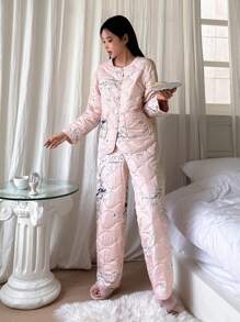 DAZY Women's Chinese Style Flower Printed Thickened Pajama Set For Home Fall,Winter - Pink - View 7
