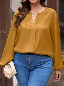 SHEIN LUNE Kích thước lớn Màu thuần Cổ áo có khía Tay áo lồng đèn Áo sơ mi - Màu vàng - Xem 3