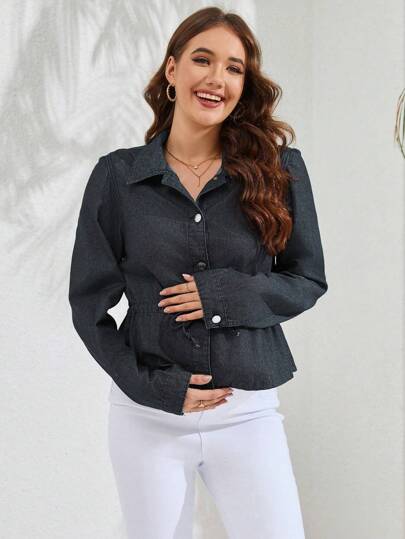 SHEIN 孕婦時尚鈕扣牛仔頂襯衫,多功能