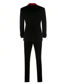 Furuyal 男士撞色披肩领丝绒西装外套和西裤套装 - 黑色 - 查看 2