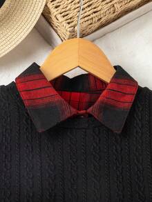 SHEIN Nhỏ bé Cô gái Cổ điển Kẻ sọc Đầm Với Đan Dệt hoa Áo vest , Đơn giản Và Đúng mốt - Đỏ - Xem 6