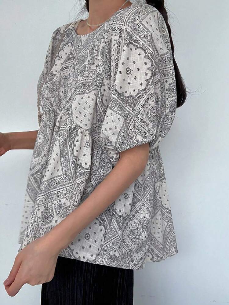 Ladies' Paisley Print Puff Sleeve Blouse Vacation Outfits Women Boho