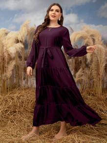 Mulvari 加大码纯色系带连衣裙长款女装 - 中紫紅色 - 查看 4