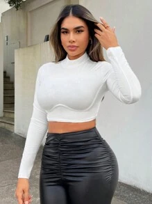 SHEIN SXY Ladies' White High Neck Long Sleeve T-shirt - White - View 4