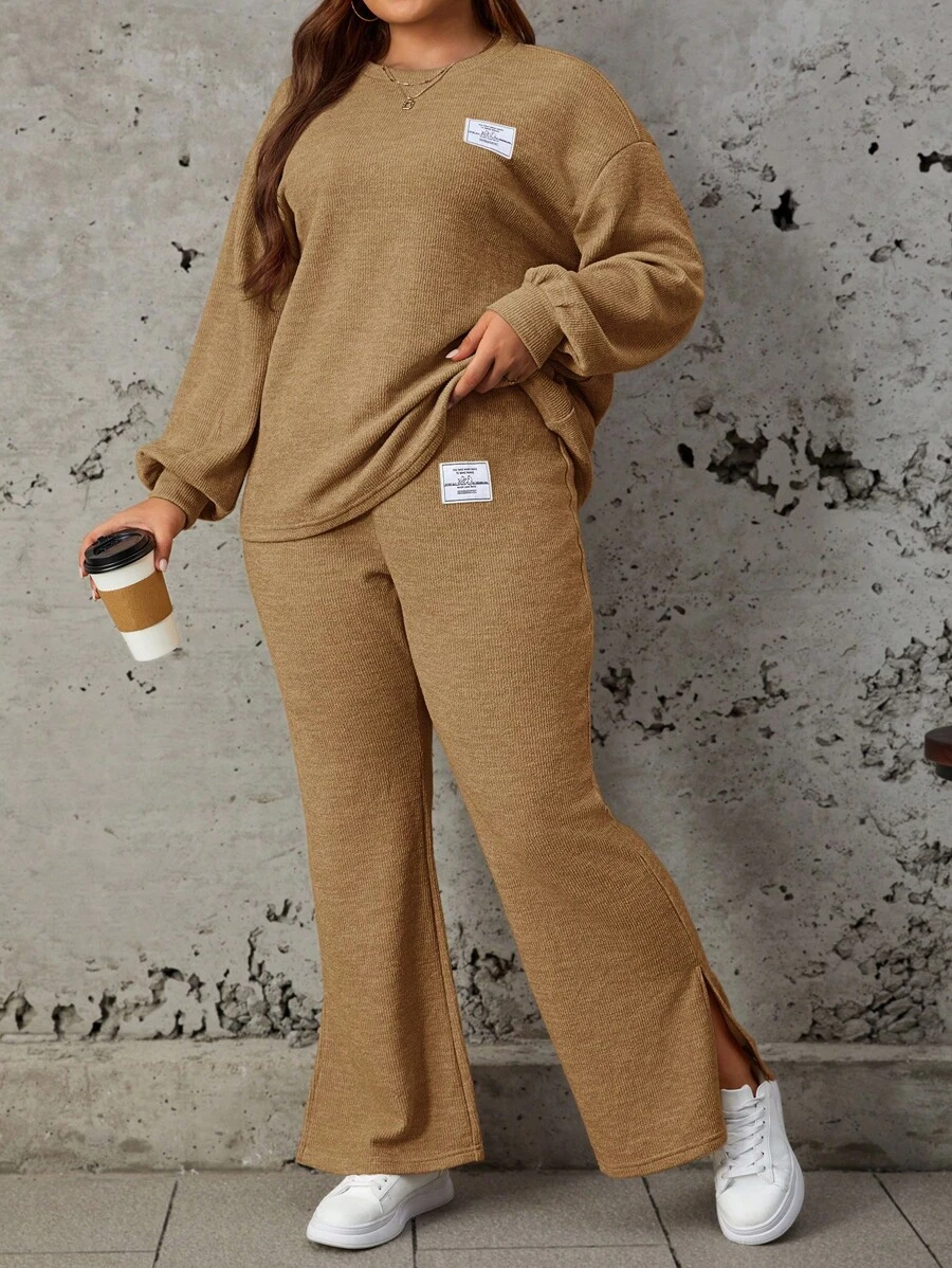 SHEIN LUNE 大尺寸女士垂肩上衣和喇叭褲套裝 - 駝色 - 查看 1