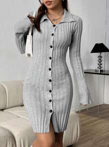 Flirla Women's Solid Color Button Front Ribbed Knit Sweater Dress - Grey - View 3