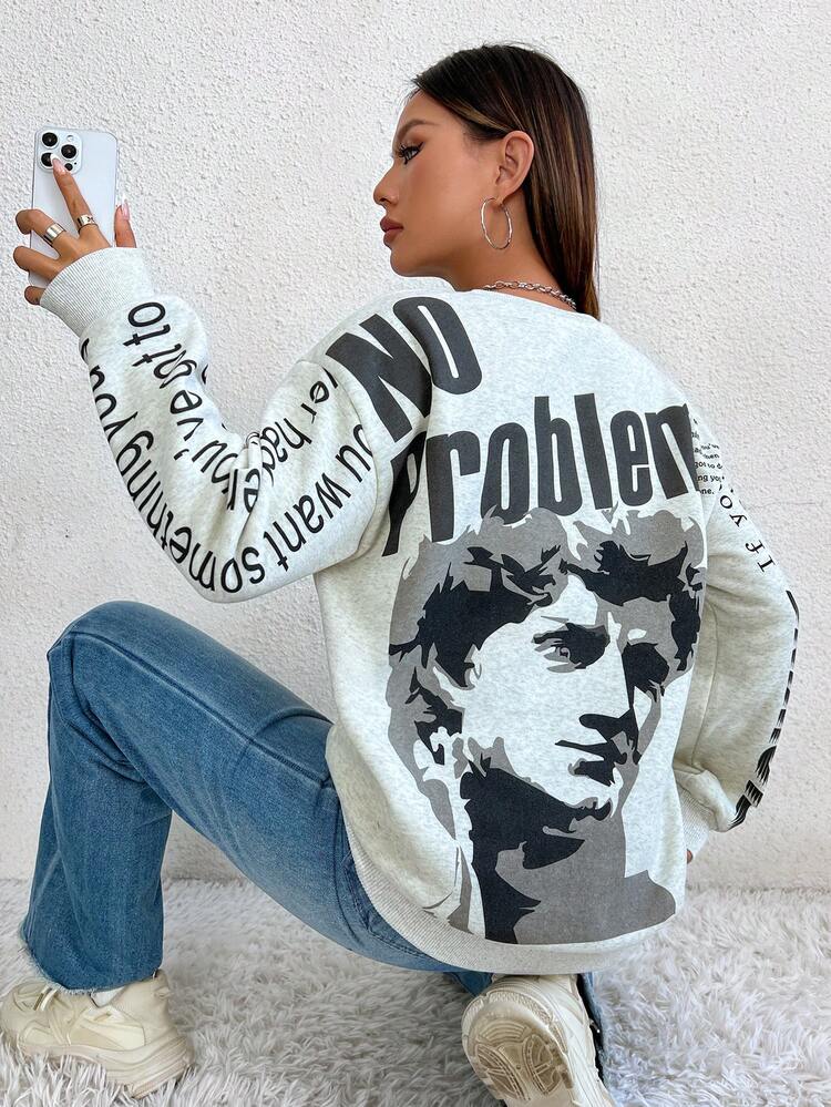 Newspaper Print Distressed Sweatshirt With Round Neckline Pullover Fall Sweatshirt