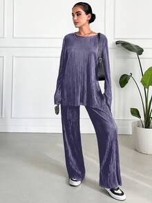SHEIN 女士紫色圓領寬鬆貼身鈴鐺袖上衣和休閒長褲2入組 - 紫色 - 查看 3