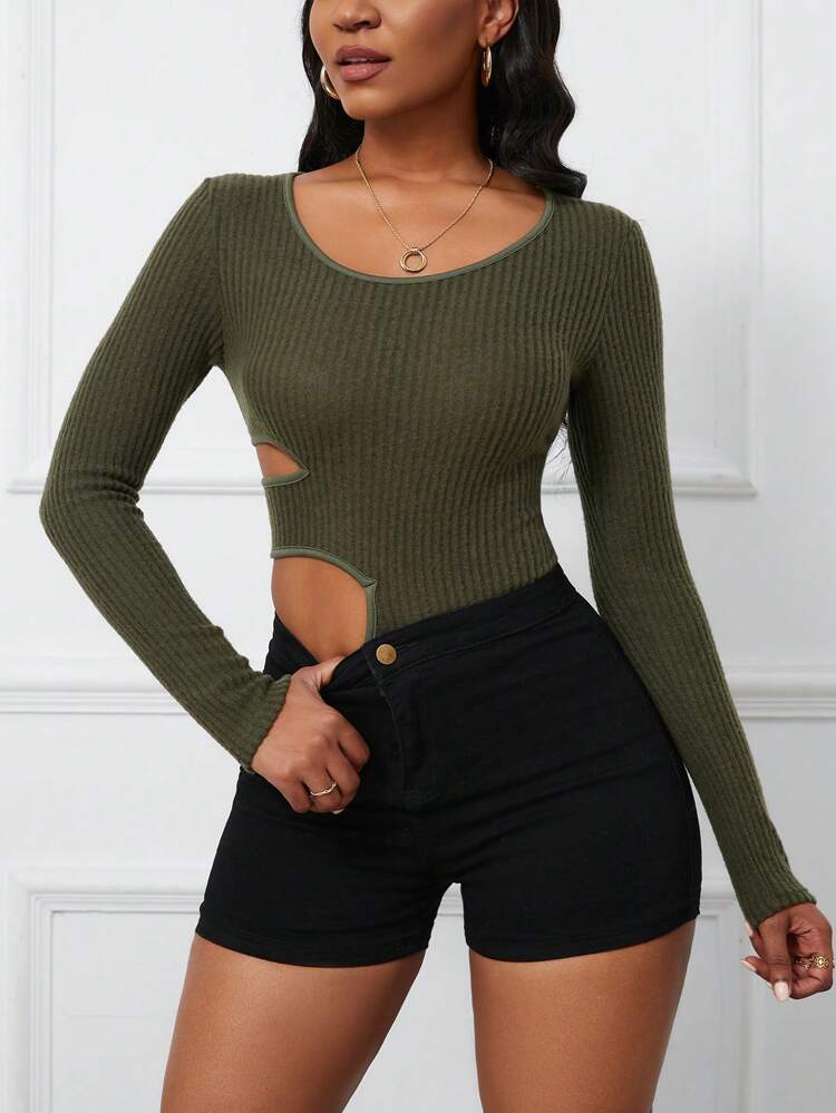 Women'S Hollow Out Cut-Outs Long Sleeve Bodysuit With Waist Belt