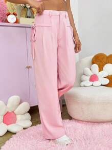 SHEIN EZwear 女款純色側條紋抽繩長褲 - 粉色 - 查看 3
