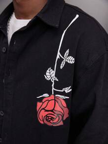 Manfinity Roghcode Loose Fit Men's Rose & Letter Print Denim Shirt - Black - View 6