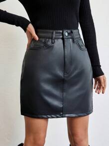 EURMUSE Women's Straight Denim Skirt With Slit And Diagonal Pockets - Black - View 6