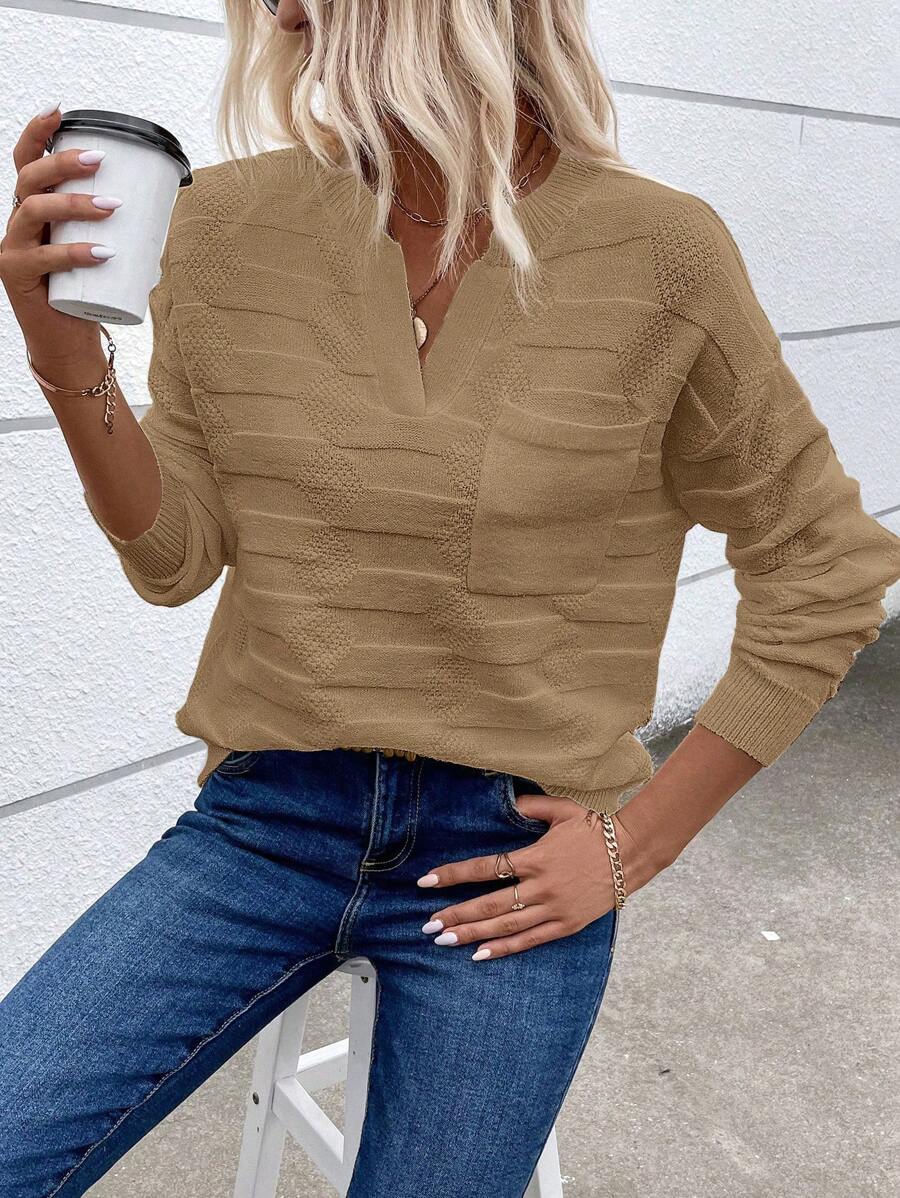 SHEIN LUNE Của phụ nữ Màu thuần Khía Vòng cổ Áo len - Màu Khaki - Xem 1