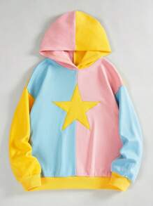 SHEIN EZwear 女式星星圖案、色塊、刺繡細節連帽衫 - 彩色 - 查看 4