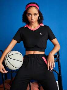 Streetz SHEIN Sport Women's Star Print Contrasted Sports Suit - Black - View 4