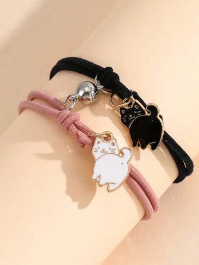 Kawaii Juego De Pulsera Para Parejas/hermanas Con Colgante De Gato Magnético De 2 Piezas