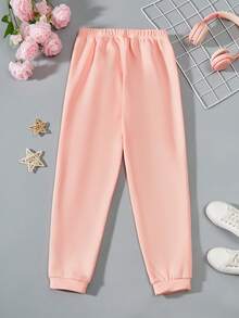 SHEIN Tween 女童休闲街头风格星星刺绣慢跑裤 - 粉色 - 查看 2