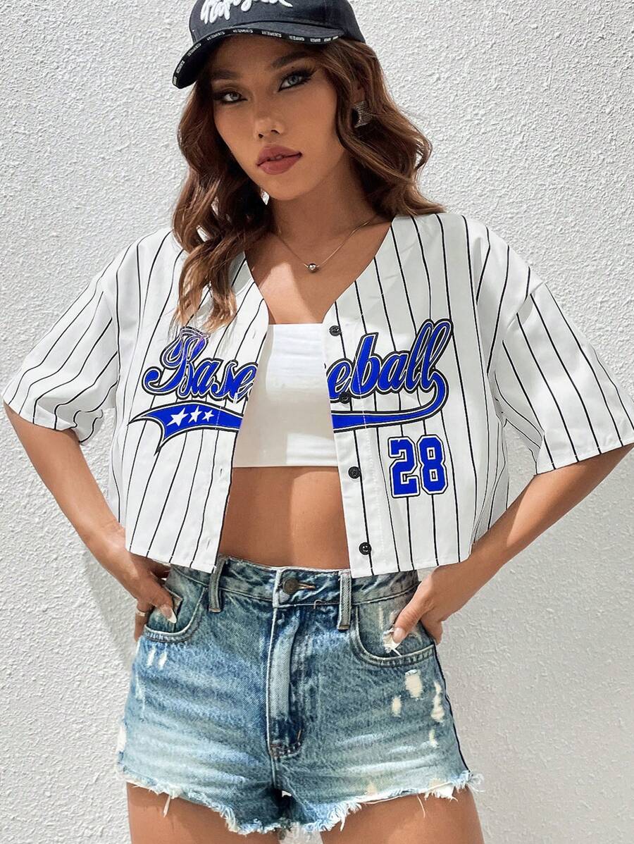 SHEIN EZwear Printed Striped Woven Baseball Sports Shirt - Blue - View 1