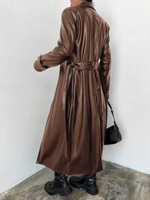 SHEIN Women's Belted Trench Coat With Lapel Collar - Chocolate Brown - View 2
