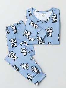 Young Boy Panda Print Comfortable Pajama Set - Blue - View 1