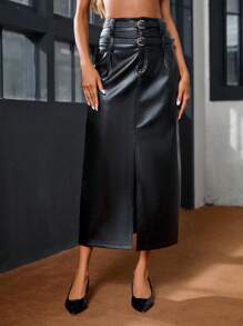 GENKIRA 女士Pu高開叉裙 - 黑色 - 查看 4