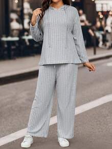 SHEIN LUNE 女士加大碼純色條紋束口t恤和褲子兩件套裝 - 灰色 - 查看 4