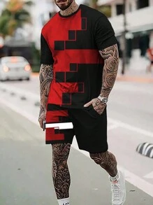 Manfinity Nam In Địa lý Áo thun & Eo dây rút Quần short - Đỏ - Xem 1