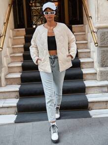 RueChic Flap Pocket Drop Shoulder Quilted Coat - White - View 4