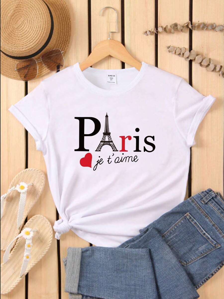 SHEIN Tween Girl Heart Shaped Letter Print Round Neck Short Sleeve T-Shirt - White - View 1